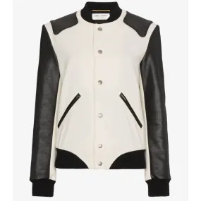 SZ 36 NEW $3,870 SAINT LAURENT Woman's HEAVEN LEATHER SLEEVE Bomber TEDDY JACKET
