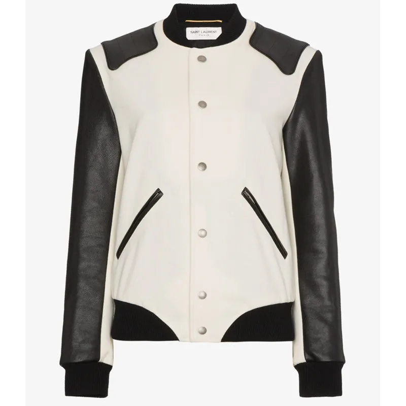 SZ 36 NEW $3,870 SAINT LAURENT Woman's HEAVEN LEATHER SLEEVE Bomber TEDDY JACKET