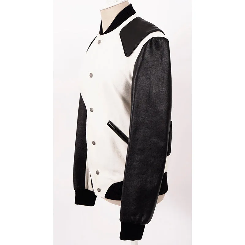 SZ 36 NEW $3,870 SAINT LAURENT Woman's HEAVEN LEATHER SLEEVE Bomber TEDDY JACKET