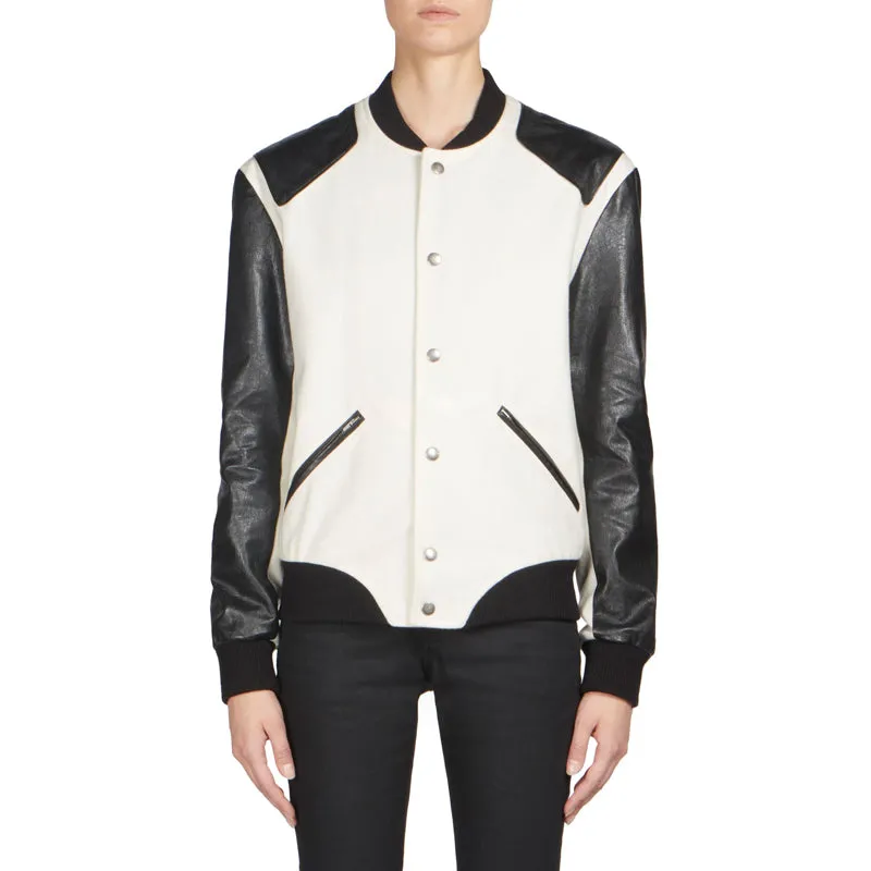 SZ 36 NEW $3,870 SAINT LAURENT Woman's HEAVEN LEATHER SLEEVE Bomber TEDDY JACKET