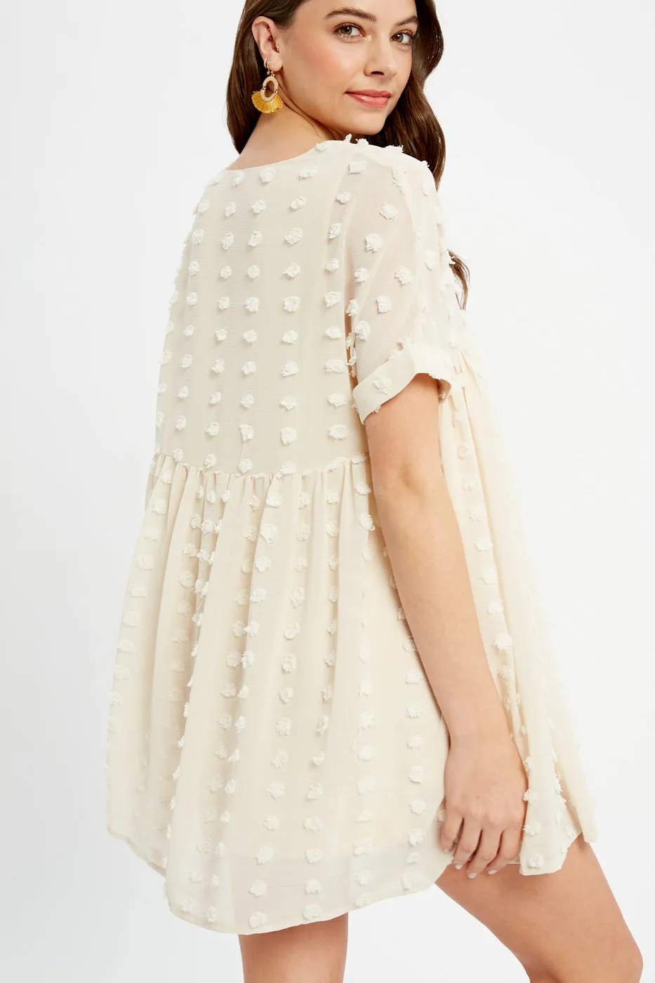 Textured Pom Babydoll Dress, Champagne
