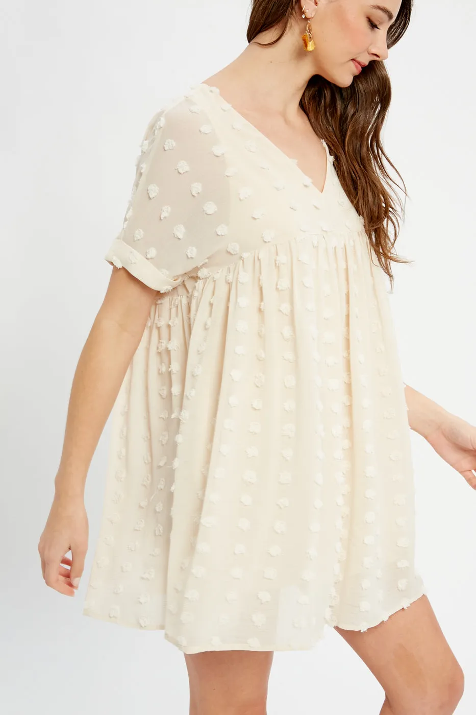 Textured Pom Babydoll Dress, Champagne