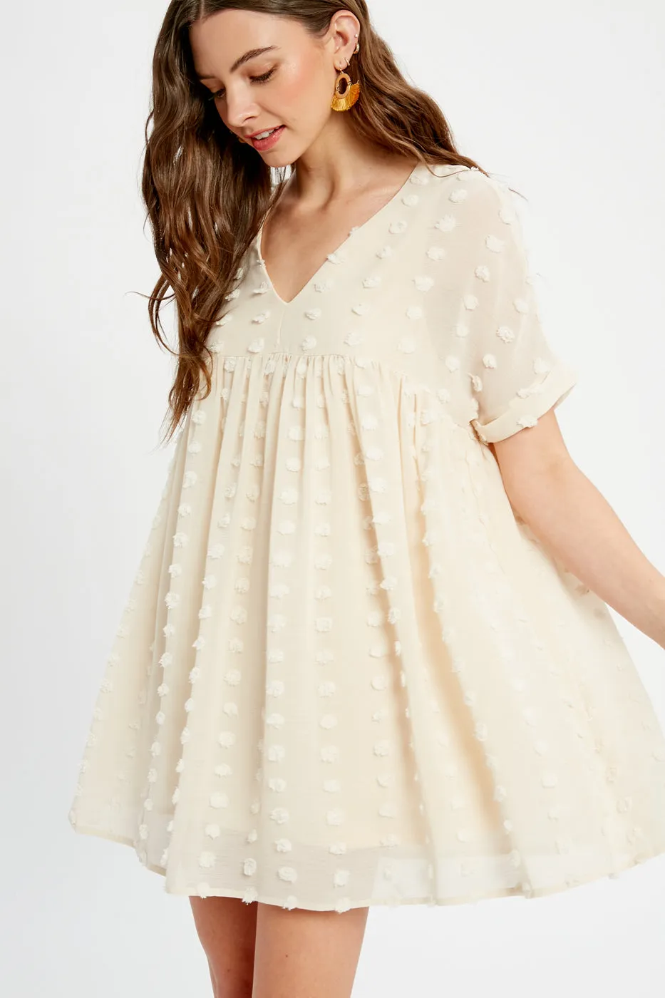 Textured Pom Babydoll Dress, Champagne