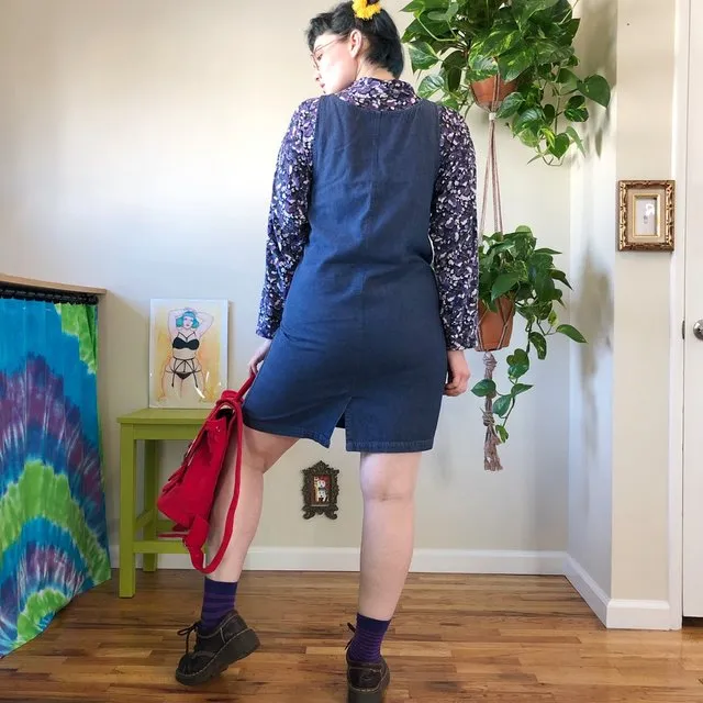 Vintage Overall-Strap Denim Jumper Dress - L