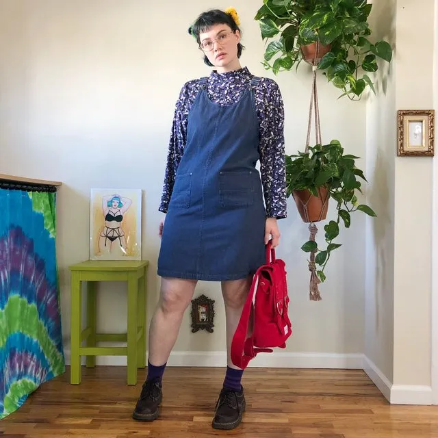 Vintage Overall-Strap Denim Jumper Dress - L