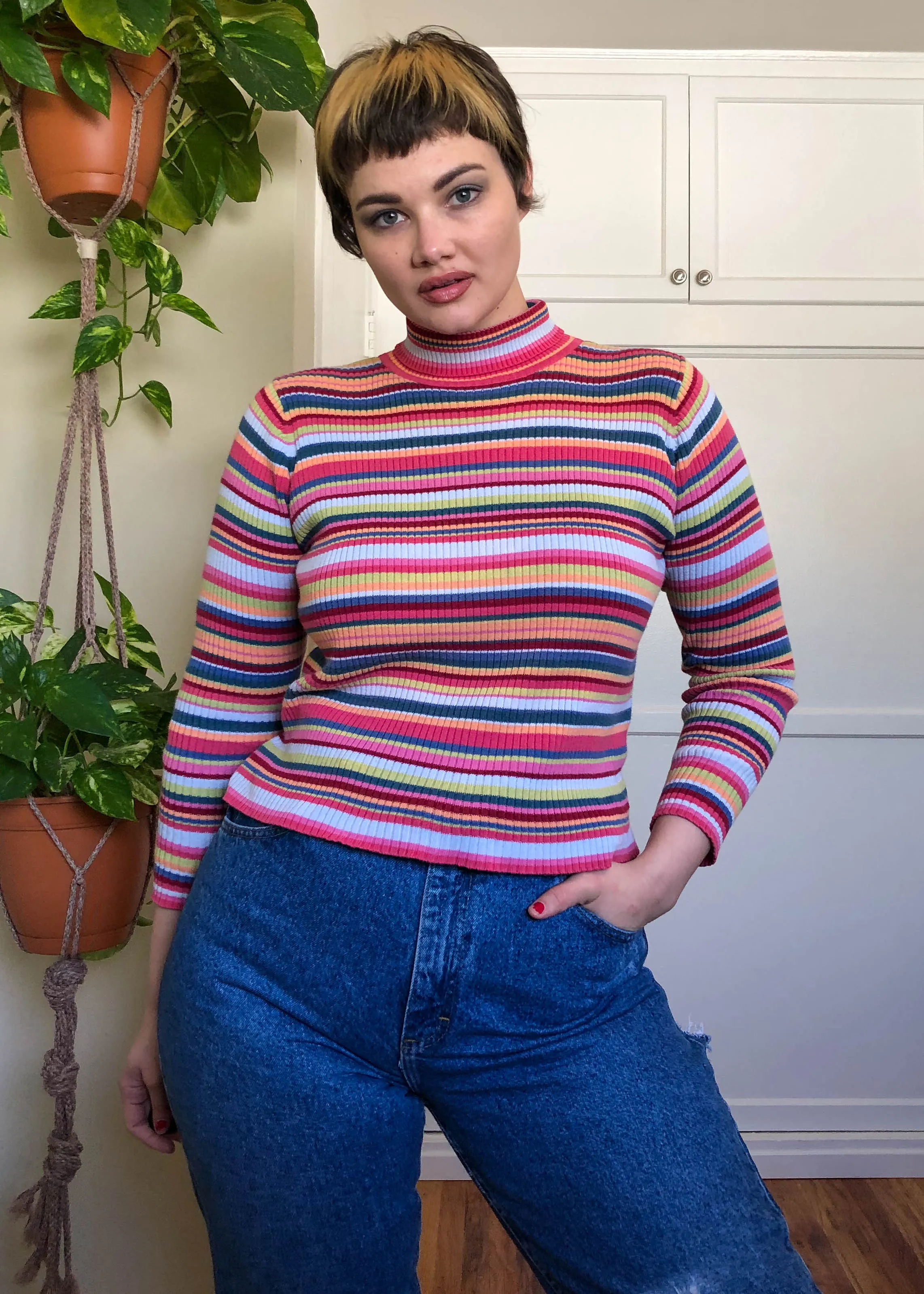 Vintage Sherbet Striped Ribbed Turtleneck - XL