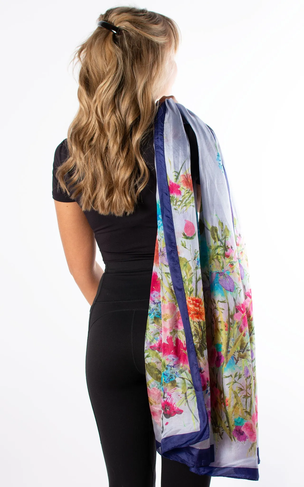Watercolour Flowers Navy Silk Scarf