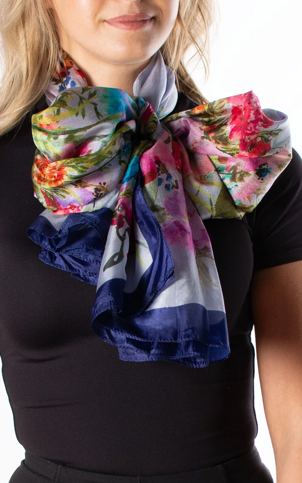 Watercolour Flowers Navy Silk Scarf