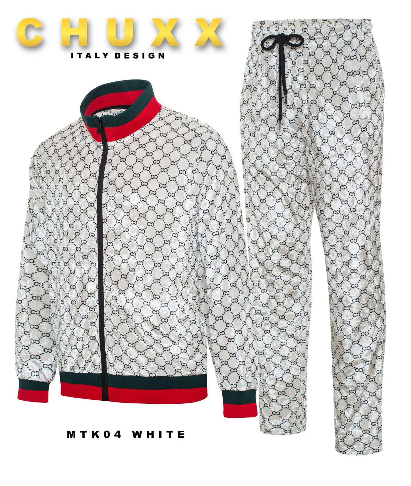 White Men's Jogging Set Velour Luxury Material Red and Green Strips Style No: MTK04