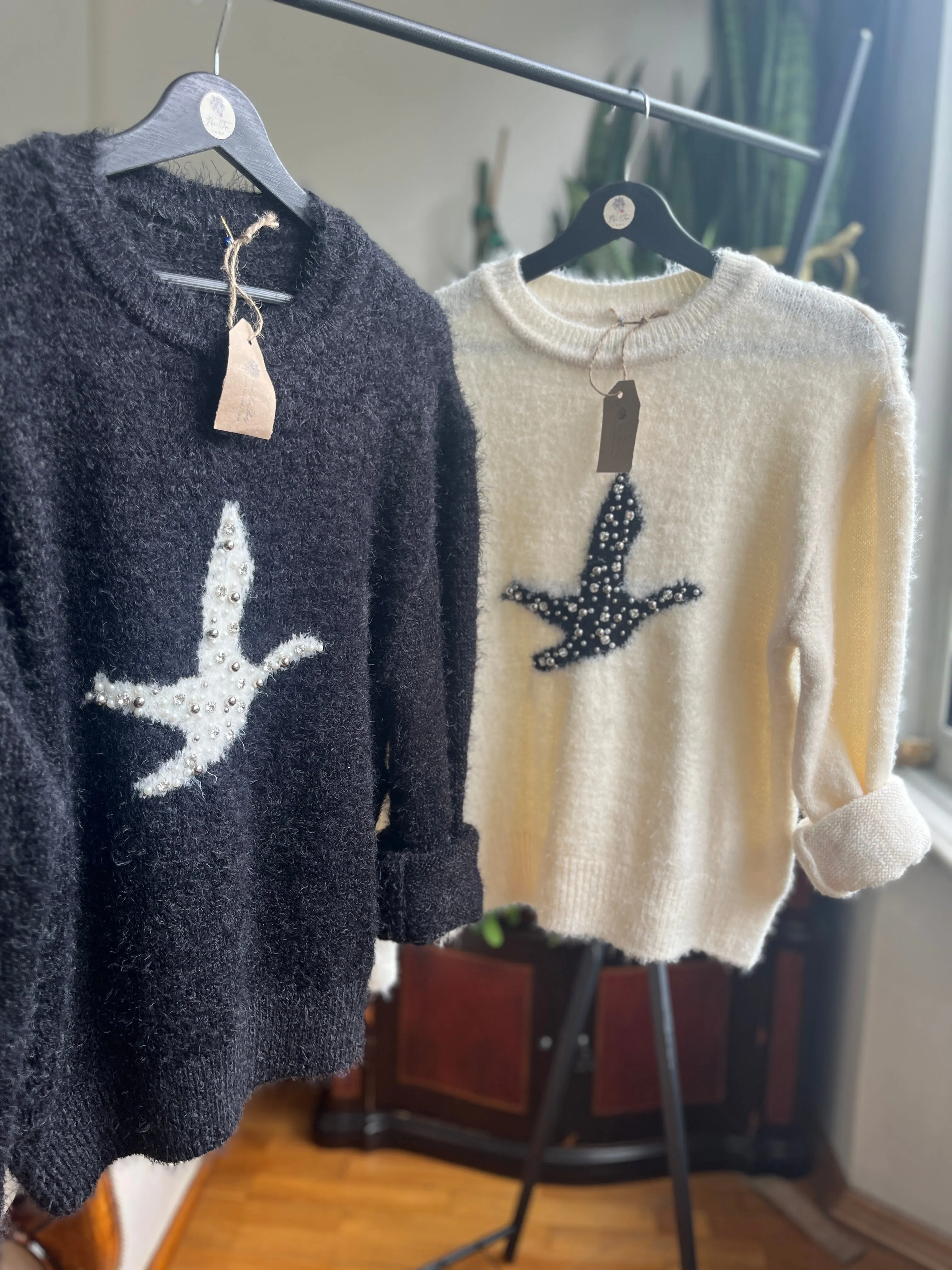 Women's Soft Bearded Yarn Sweater with Shiny Stone Detail | Cozy & Chic Fashion