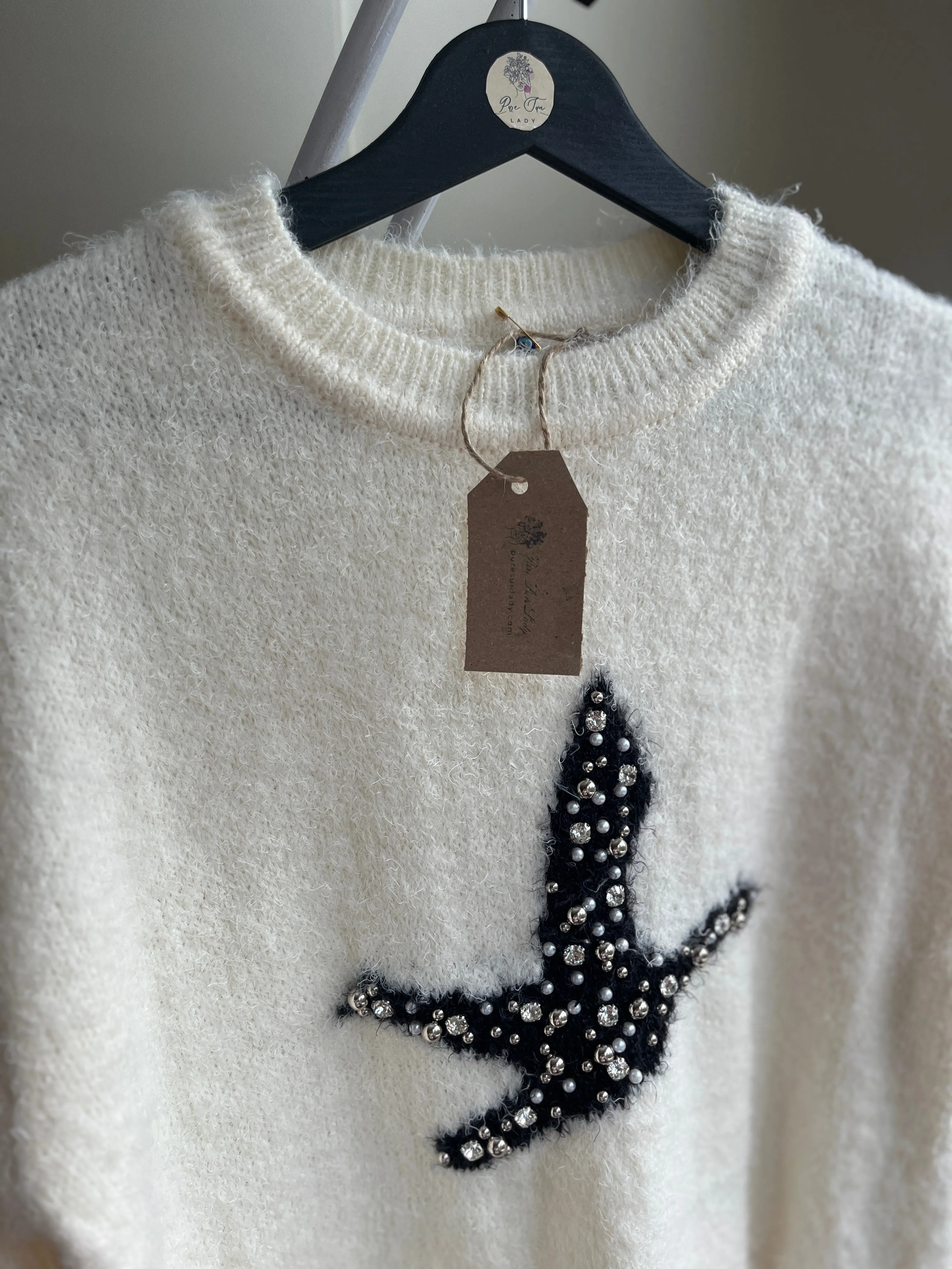Women's Soft Bearded Yarn Sweater with Shiny Stone Detail | Cozy & Chic Fashion