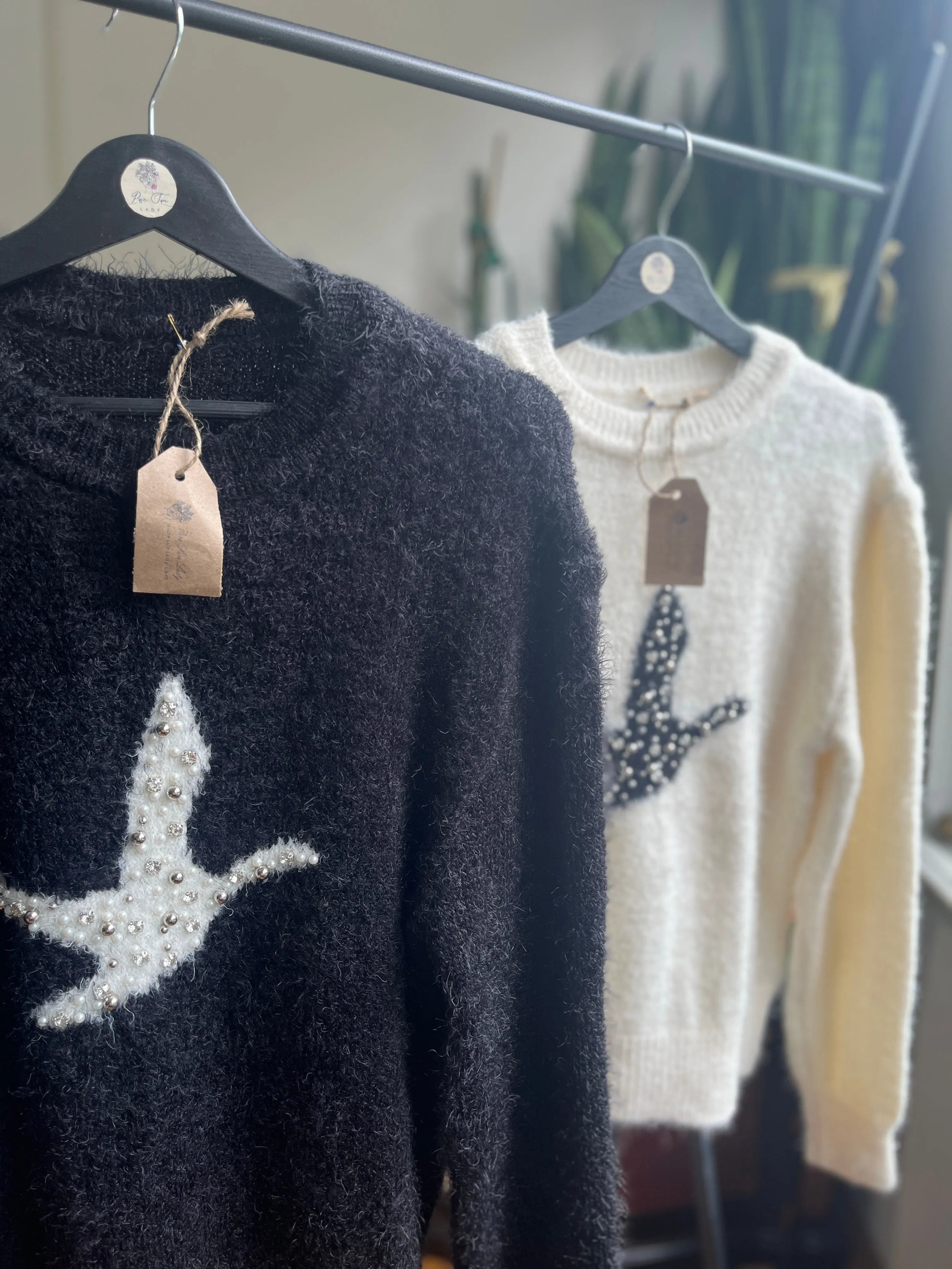 Women's Soft Bearded Yarn Sweater with Shiny Stone Detail | Cozy & Chic Fashion