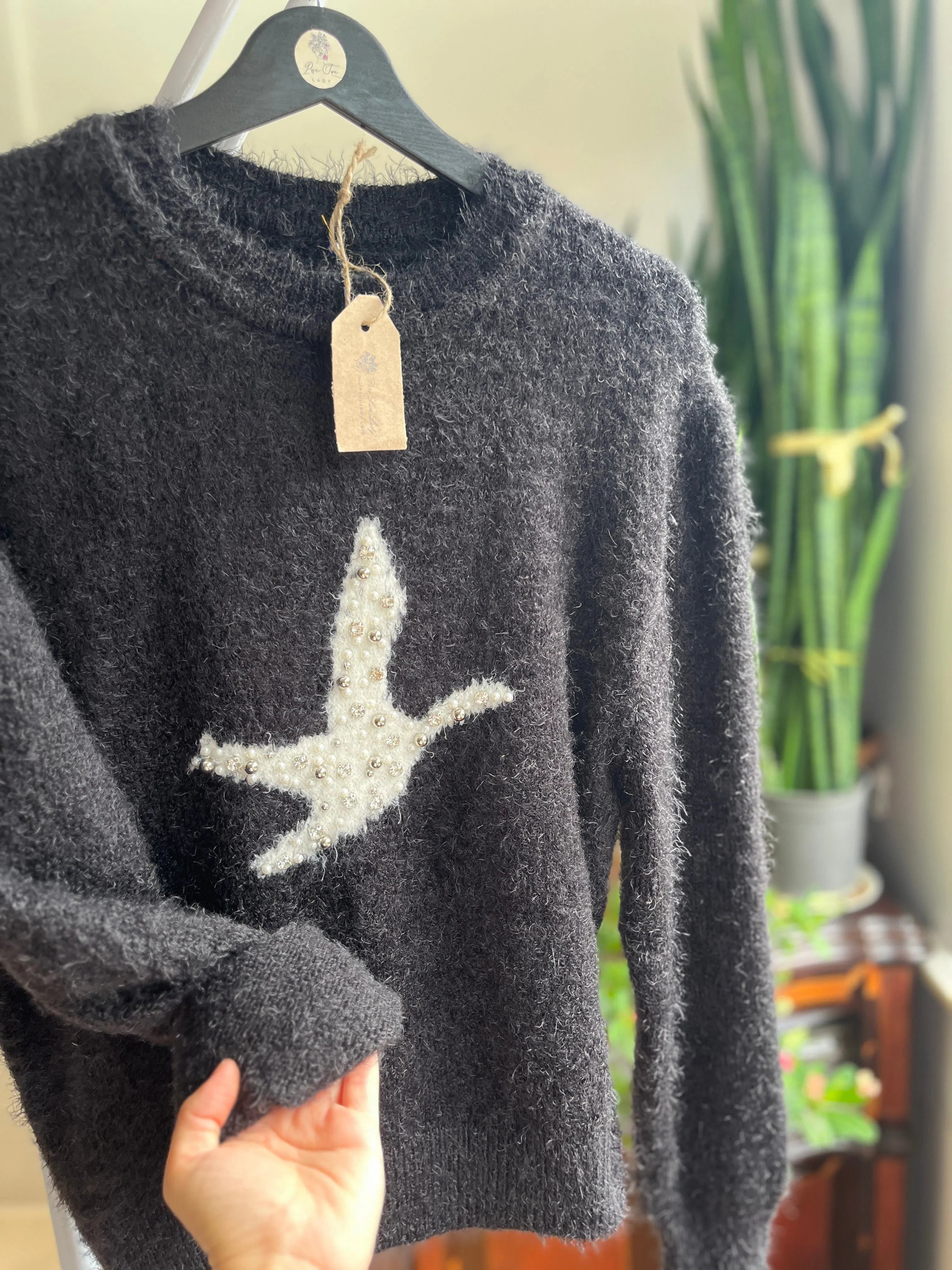 Women's Soft Bearded Yarn Sweater with Shiny Stone Detail | Cozy & Chic Fashion