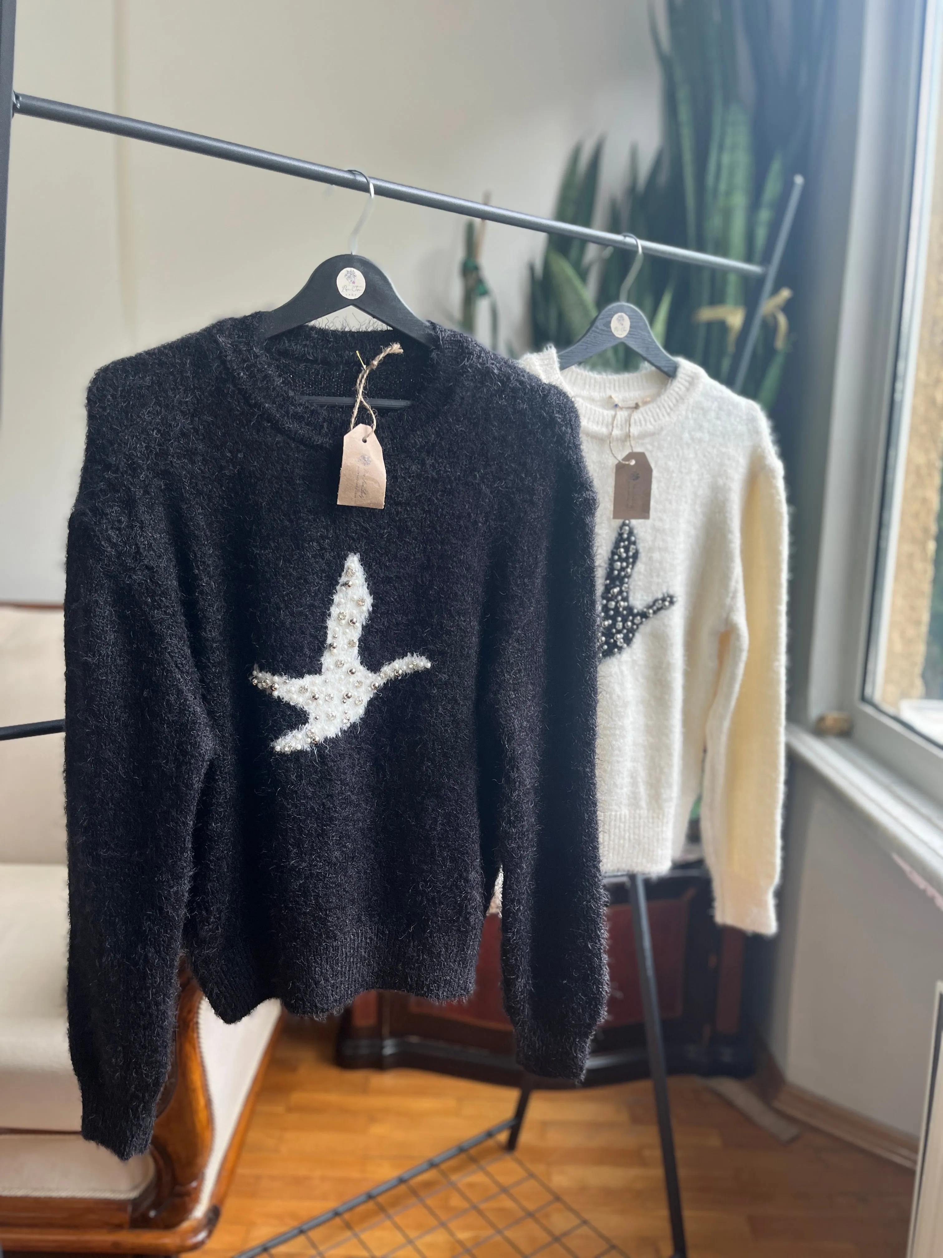Women's Soft Bearded Yarn Sweater with Shiny Stone Detail | Cozy & Chic Fashion