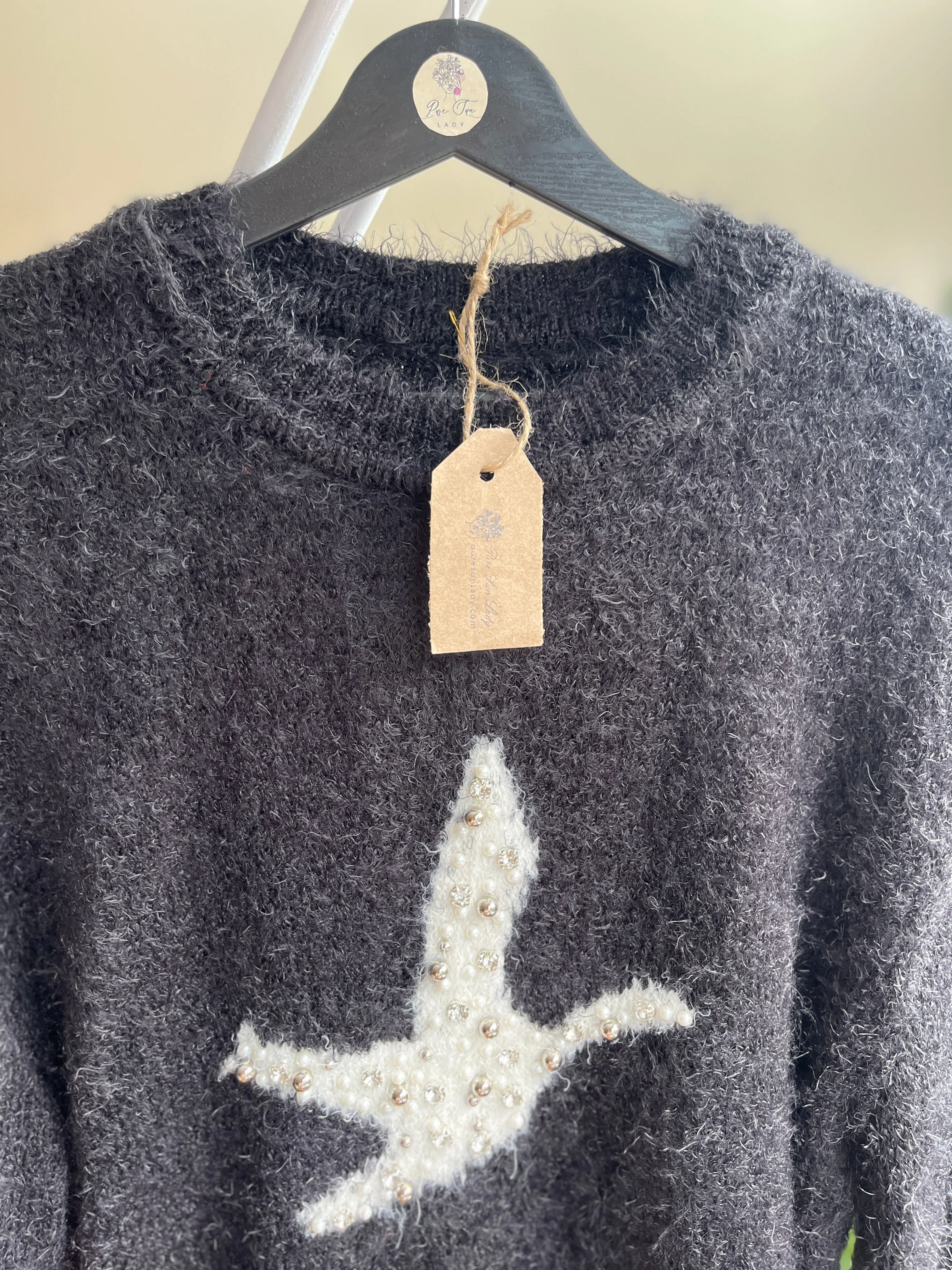 Women's Soft Bearded Yarn Sweater with Shiny Stone Detail | Cozy & Chic Fashion