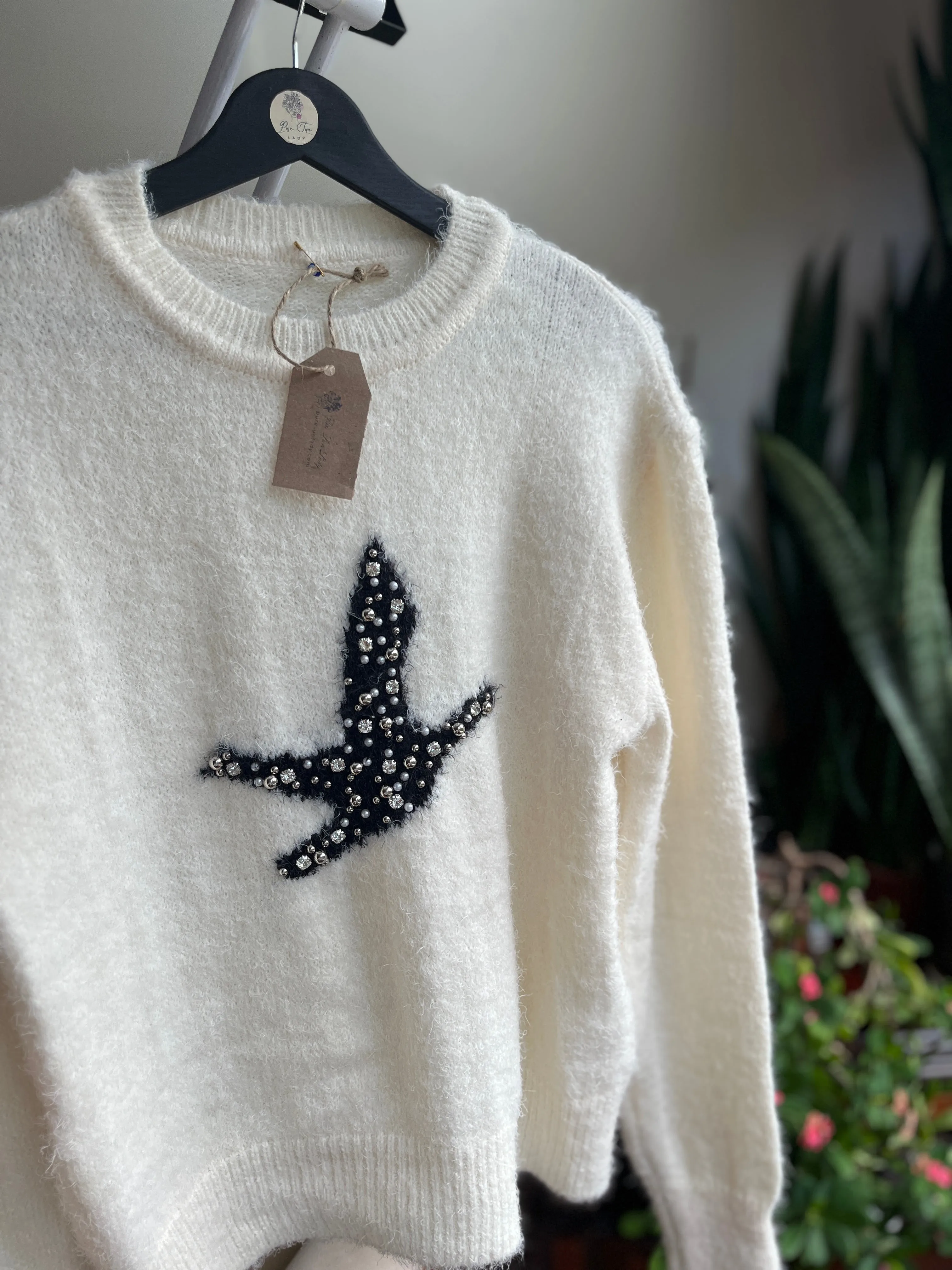 Women's Soft Bearded Yarn Sweater with Shiny Stone Detail | Cozy & Chic Fashion