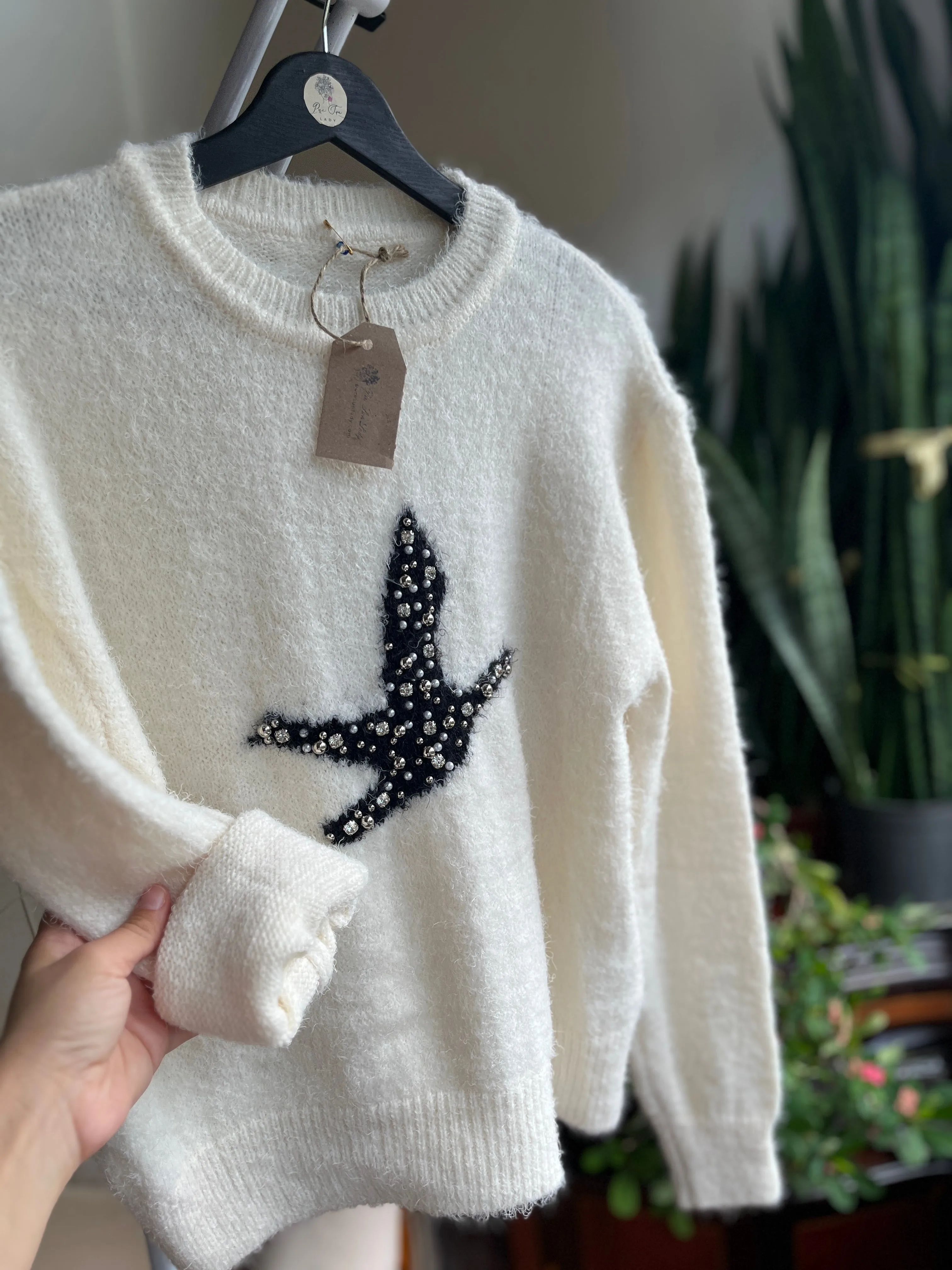 Women's Soft Bearded Yarn Sweater with Shiny Stone Detail | Cozy & Chic Fashion
