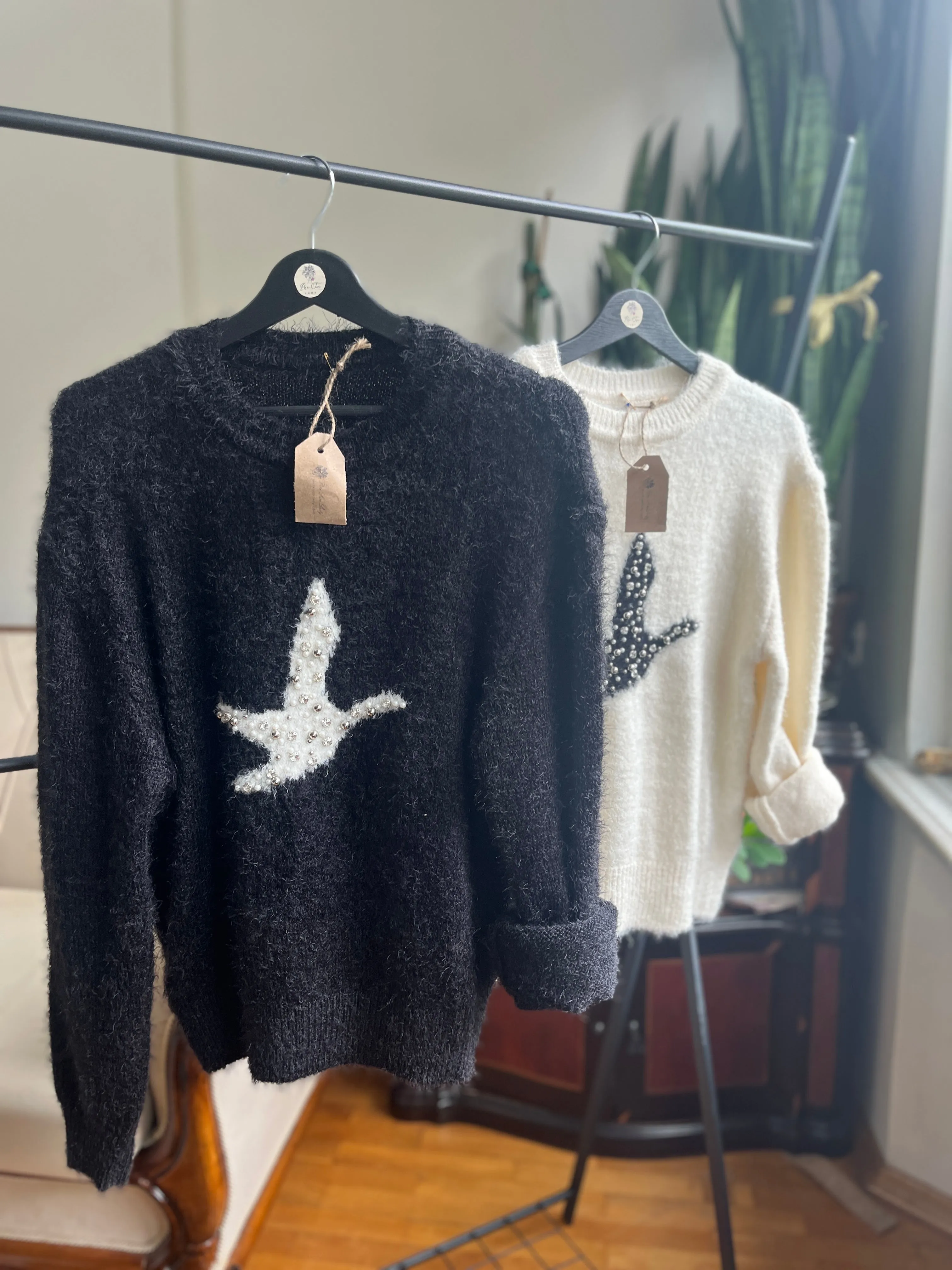 Women's Soft Bearded Yarn Sweater with Shiny Stone Detail | Cozy & Chic Fashion