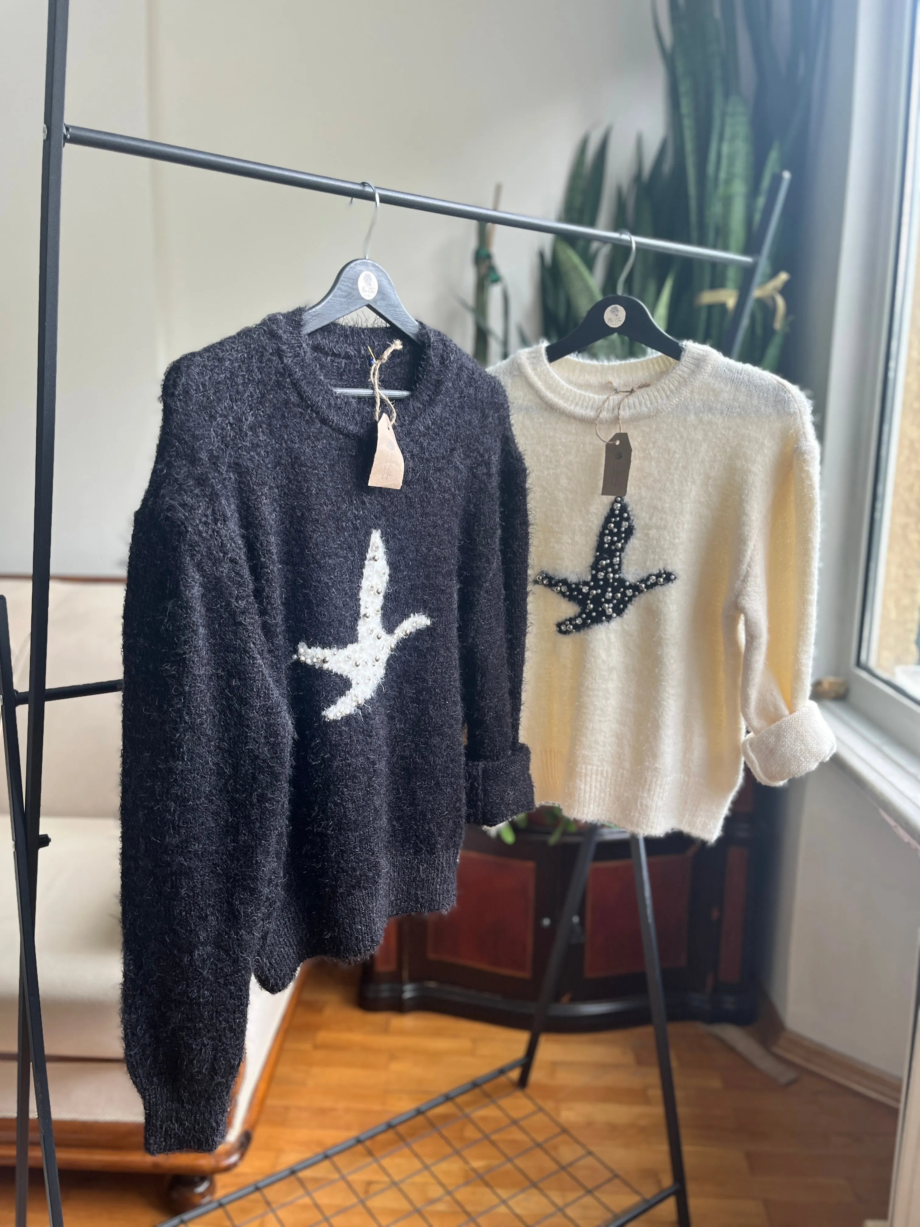 Women's Soft Bearded Yarn Sweater with Shiny Stone Detail | Cozy & Chic Fashion