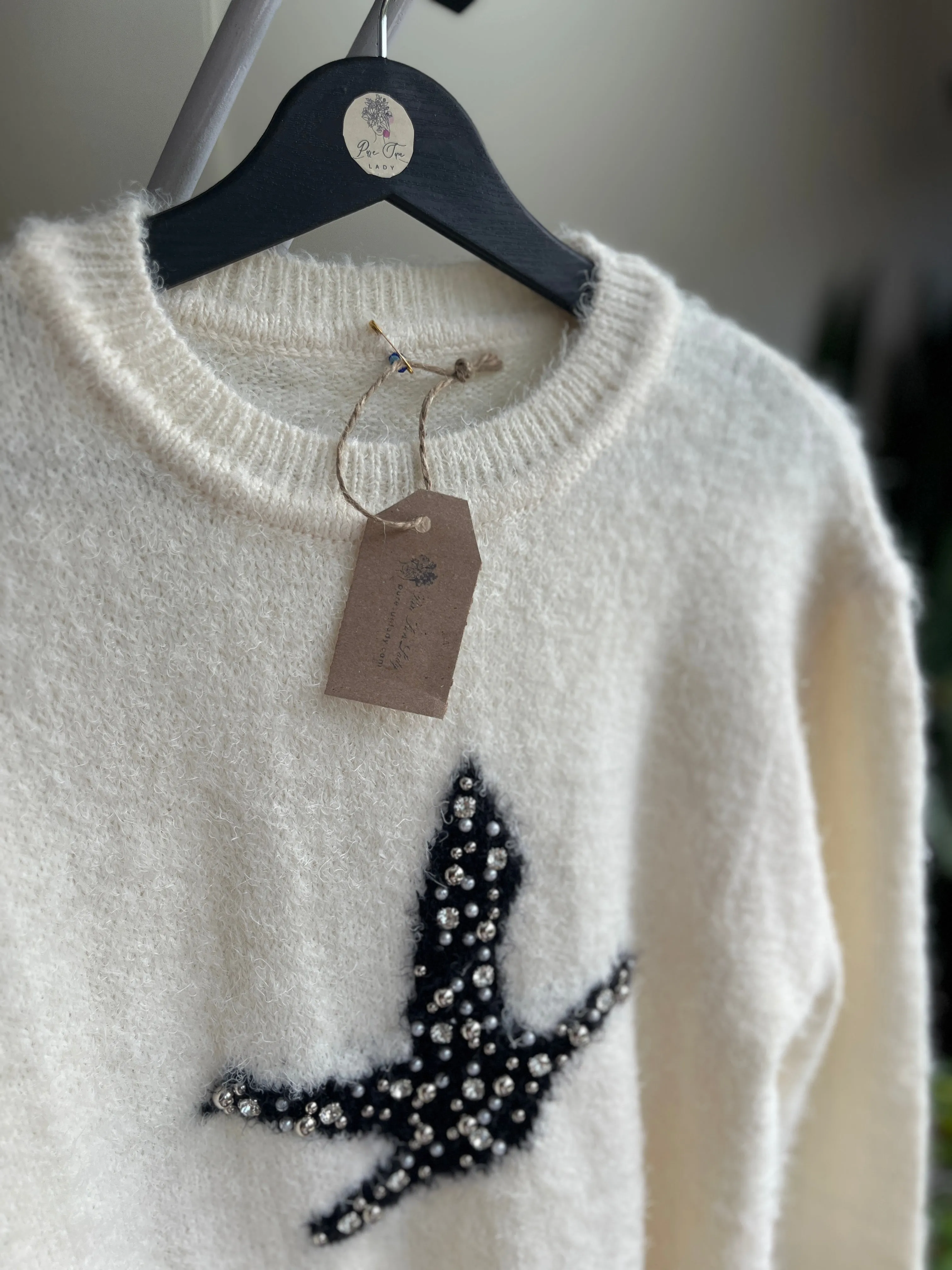 Women's Soft Bearded Yarn Sweater with Shiny Stone Detail | Cozy & Chic Fashion