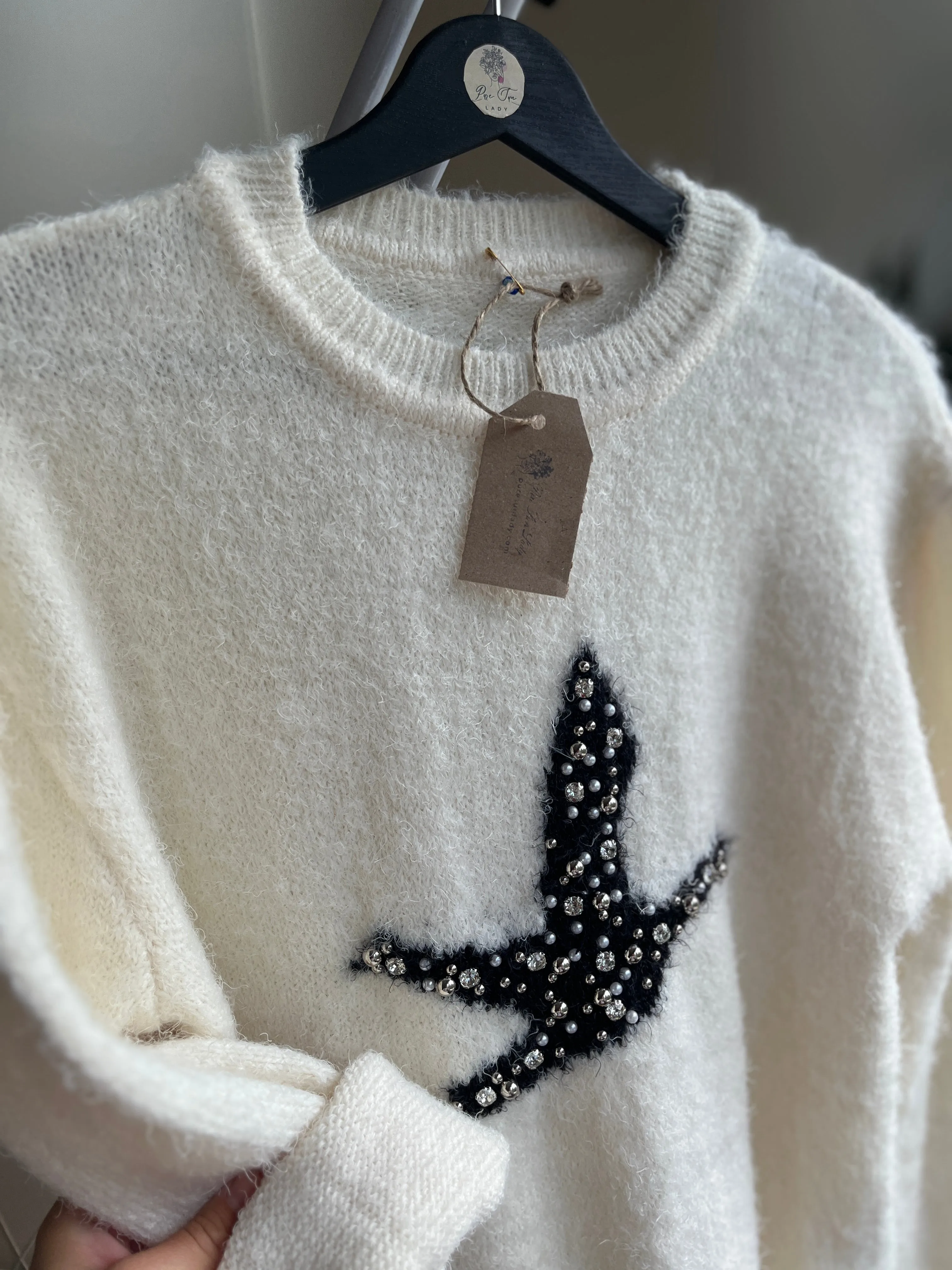 Women's Soft Bearded Yarn Sweater with Shiny Stone Detail | Cozy & Chic Fashion