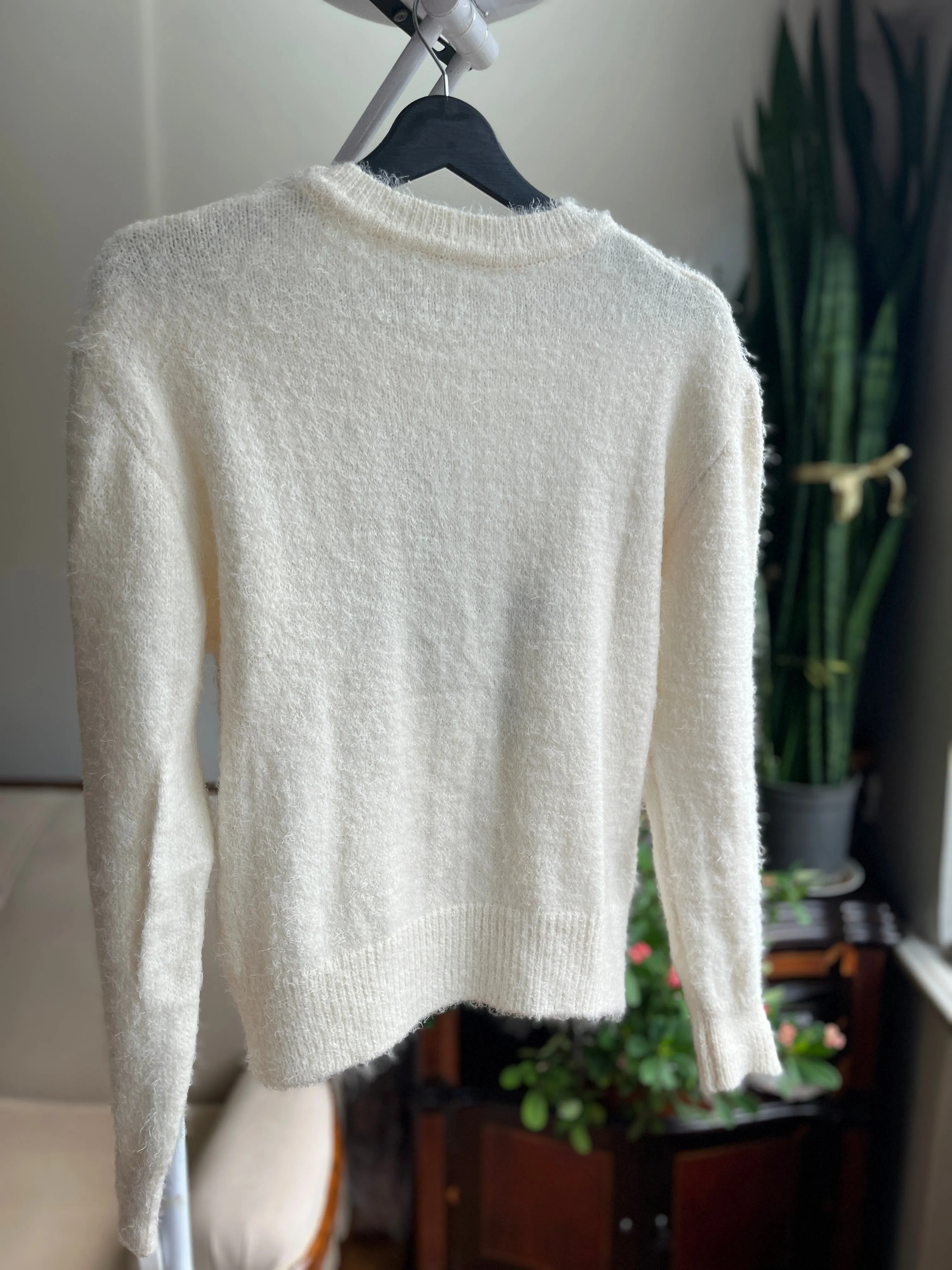 Women's Soft Bearded Yarn Sweater with Shiny Stone Detail | Cozy & Chic Fashion