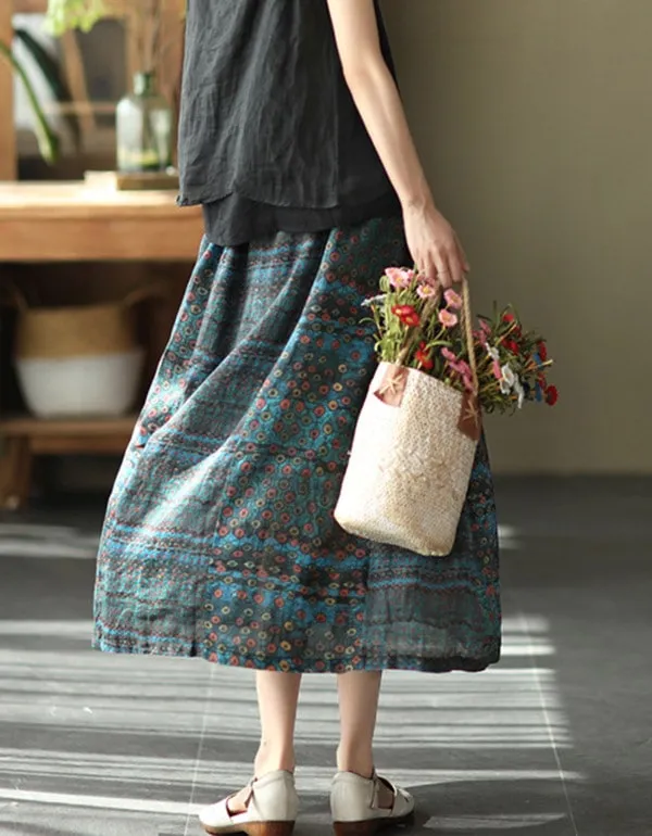 Women's Summer Linen Retro Floral Skirt