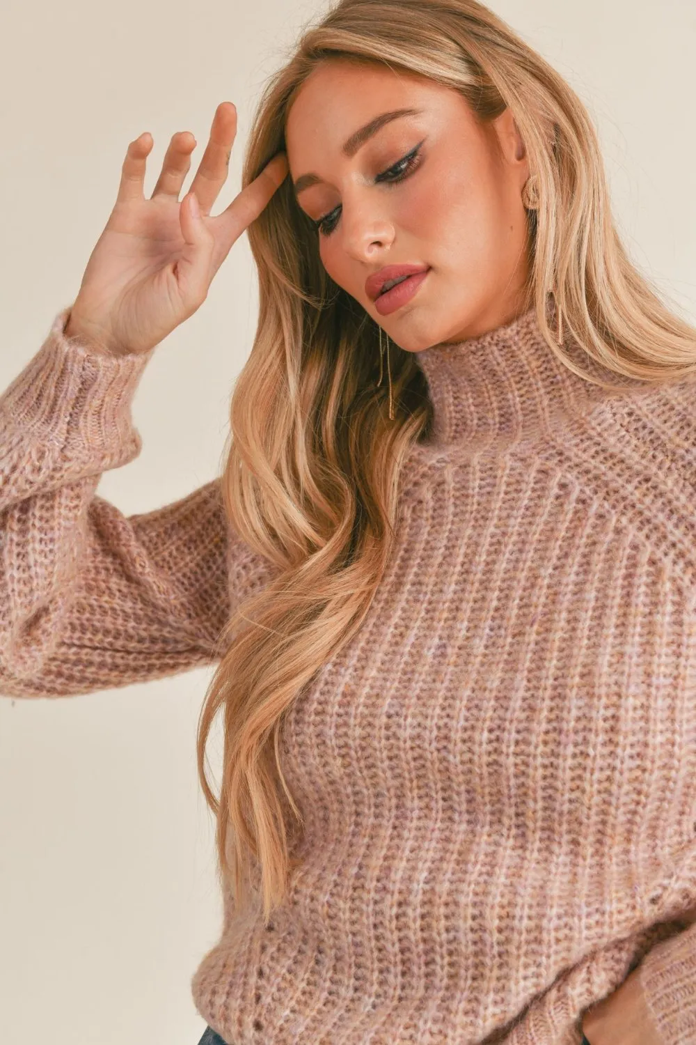 Women's Wool Blend Mock Neck Knit Sweater Top | Dusty pink